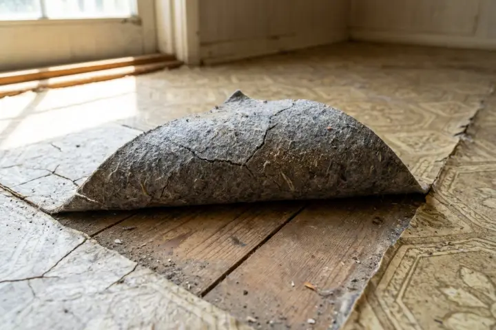 De onderlaag van een vinylvloer, asbestverdacht materiaal