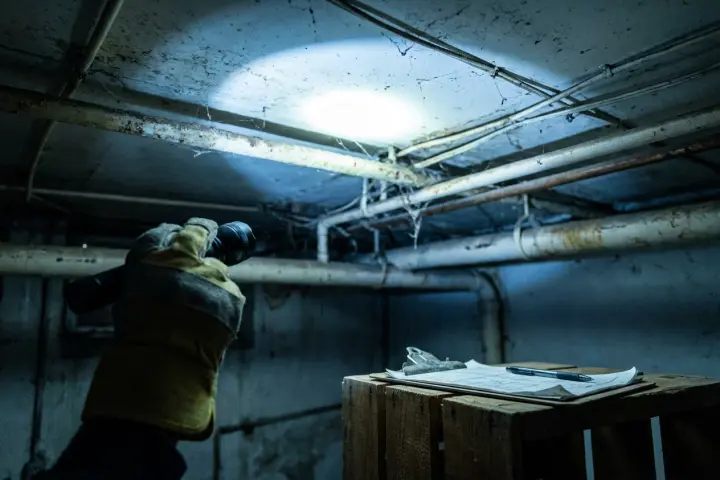 Deskundige die met een zaklamp een kelderruimte inspecteert op asbestverdacht materiaal