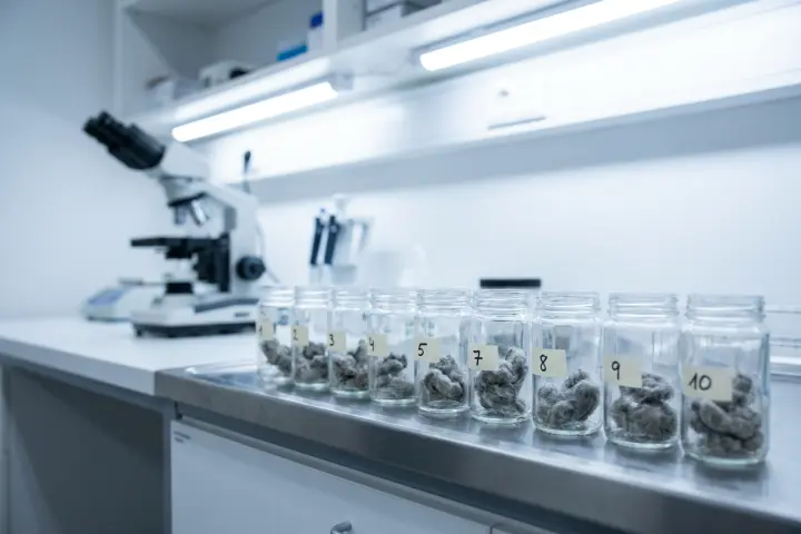 Laboratoriumtafel met stalen in genummerde potjes klaar voor analyse
