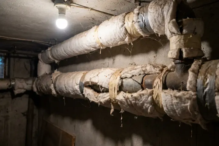 Isolatie rond oude leidingen, asbestverdacht materiaal